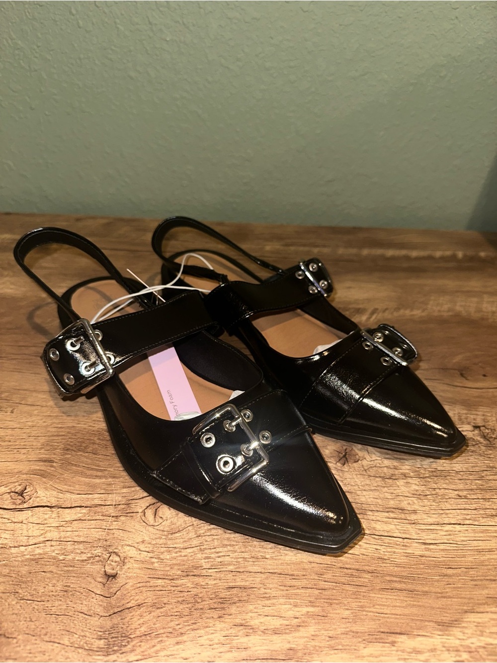 wild fable Black Patent Pointed Slingback Flats with Buckle Hardware